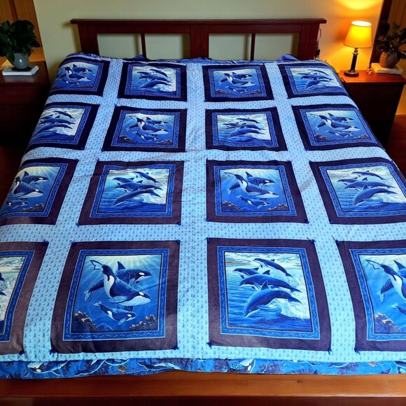 Handmade Full Size Reversible Comforter Blanket Orca Whale Dolphin Bedding Blue - Picture 1 of 10